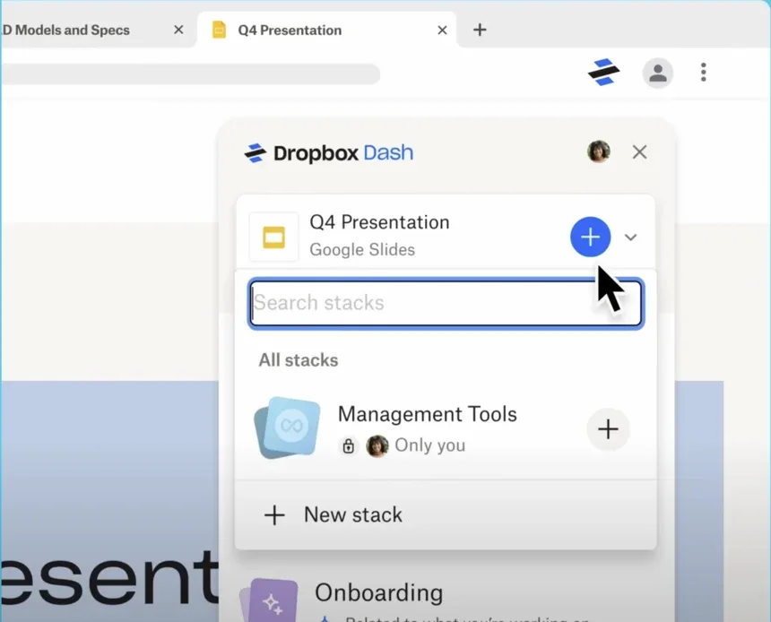Dropbox Dash browser extension organizing files into searchable stacks with Management Tools collection