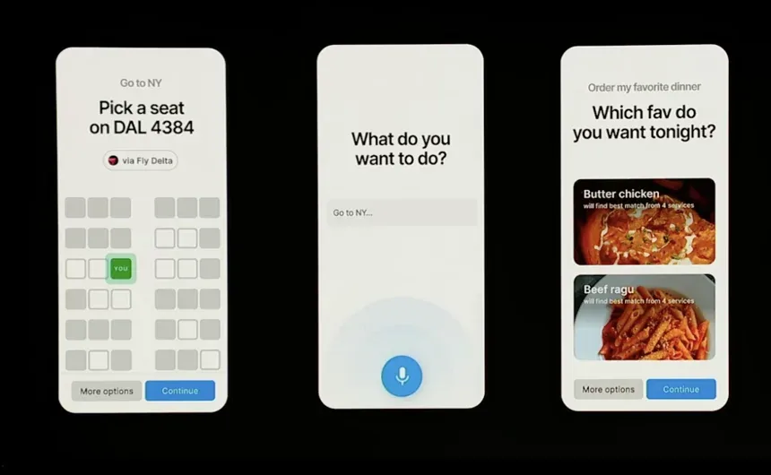 Three mobile screens showing an AI voice assistant for booking flights, picking seats, and ordering dinner