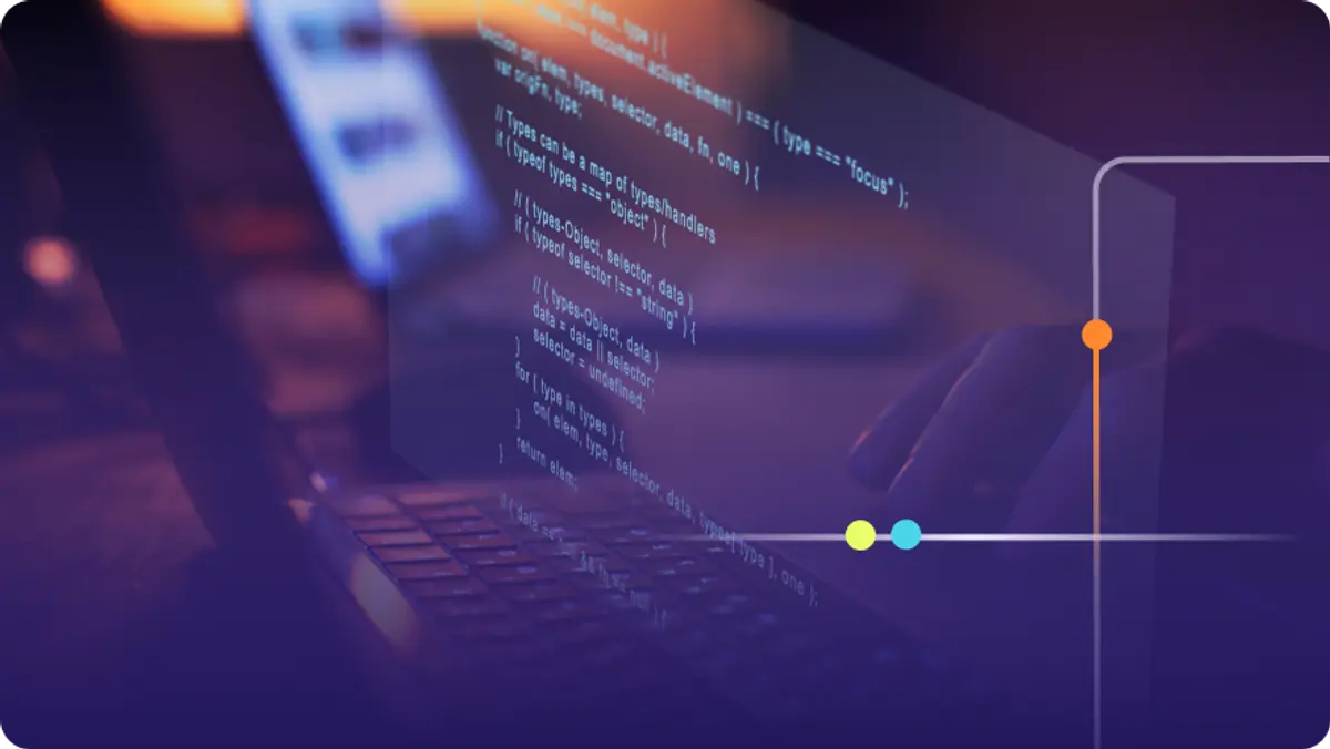 Close-up of laptop screen displaying JavaScript code in a dark environment with purple overlay