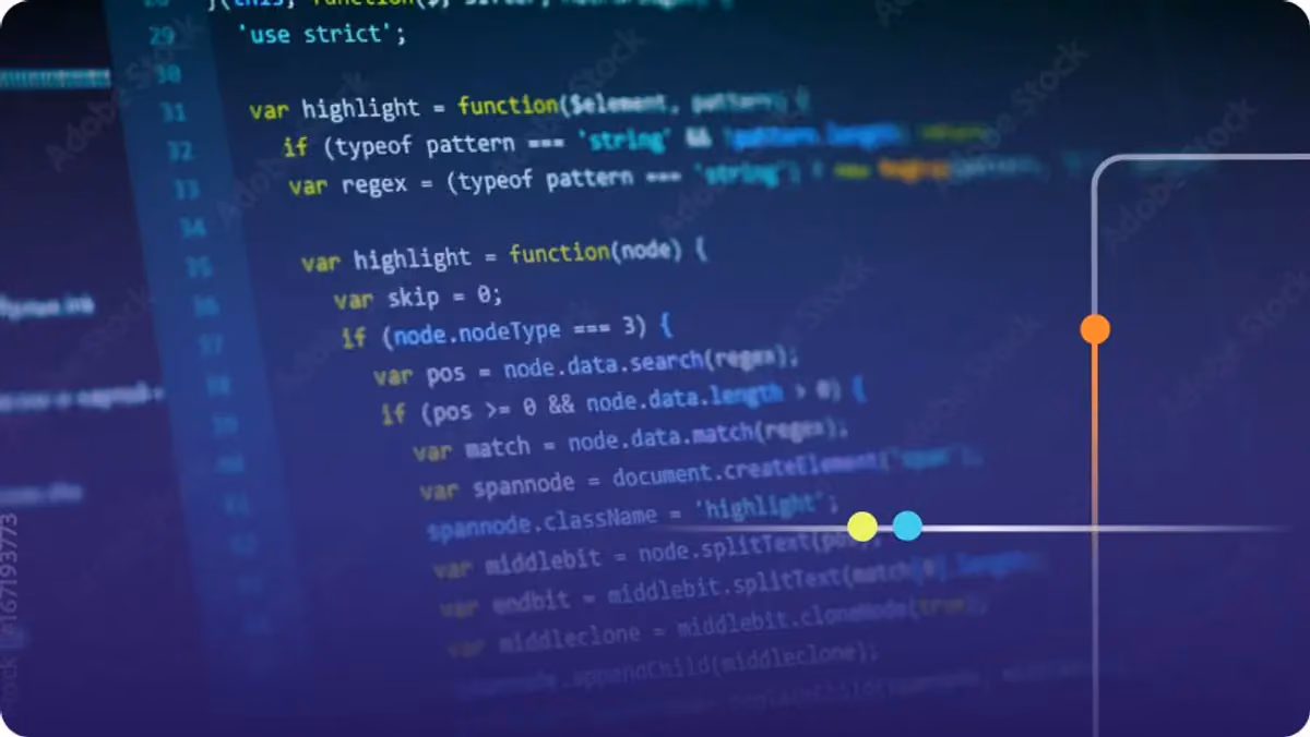 Close-up of JavaScript source code with syntax highlighting on a dark screen with brand overlay
