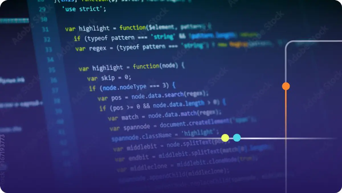 Close-up of JavaScript source code with syntax highlighting on a dark screen with brand overlay