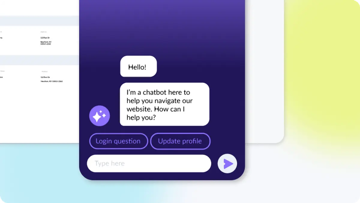 AI chatbot interface mockup showing a conversation with quick-reply buttons on a purple screen
