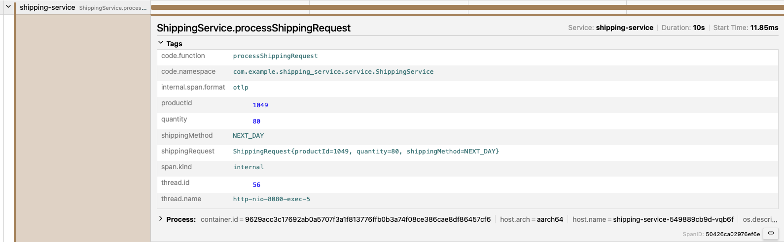 Trace span detail view for ShippingService.processShippingRequest showing tags, attributes, and a 10-second duration