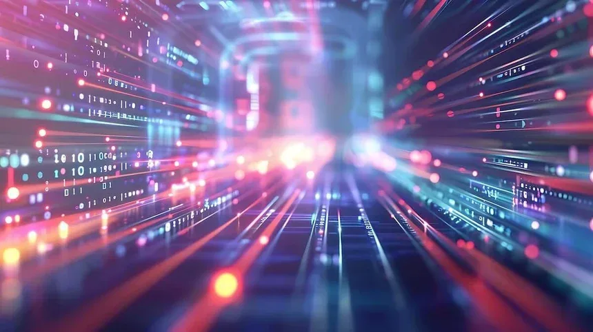 Abstract digital art depicting binary code and data streams flowing through a futuristic corridor