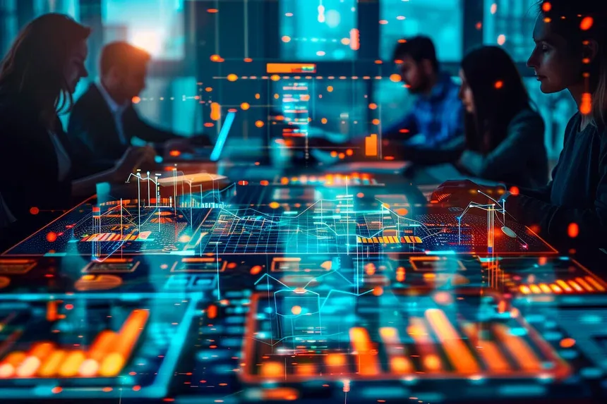 Team of digital transformation consultants collaborating around a table with holographic data visualizations