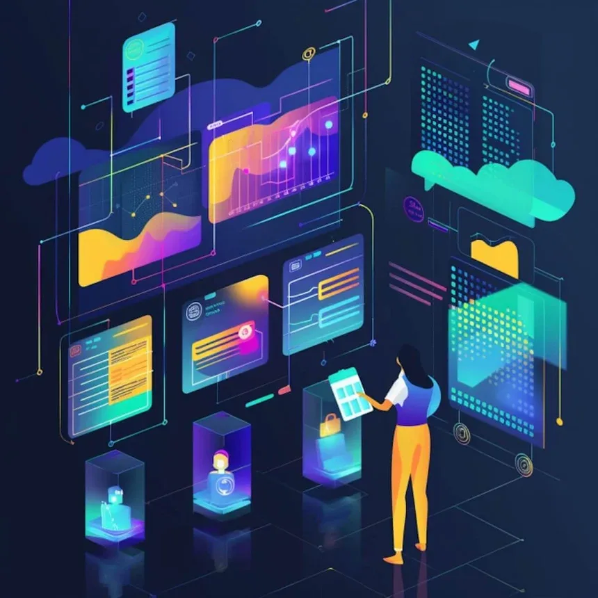 Illustration of a person interacting with connected digital dashboards, charts, and cloud data systems