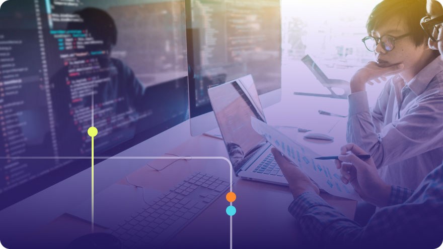 Developer wearing headphones reviewing code on multiple screens with a purple overlay and Focused brand accents