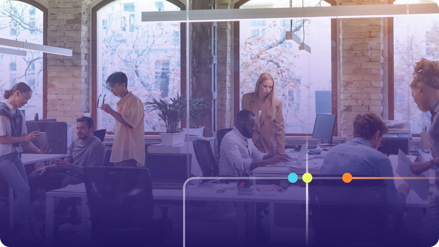 Diverse team working together in a modern open-plan brick-walled office with a purple overlay
