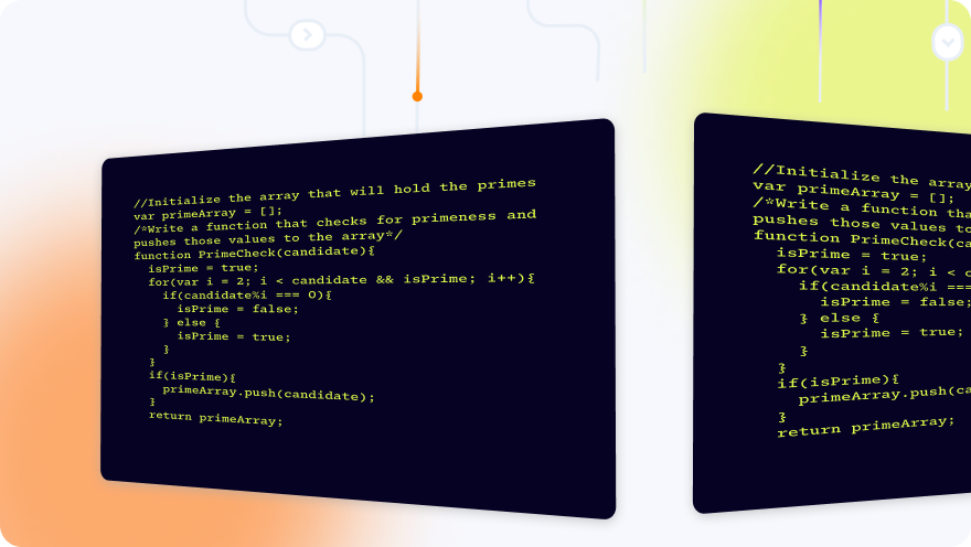 Two dark code editor windows showing a JavaScript prime number checking function on a gradient background