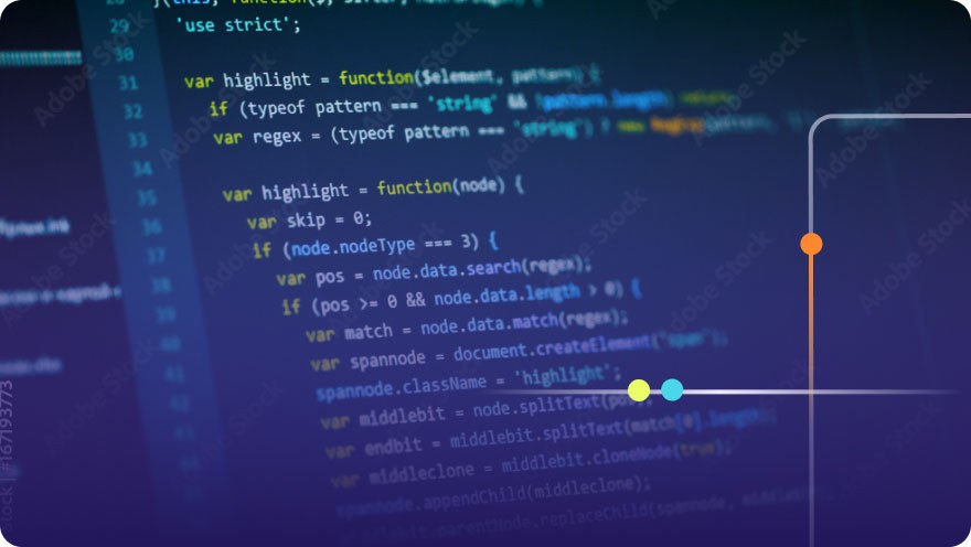 Close-up of JavaScript source code on a dark screen showing a highlight function