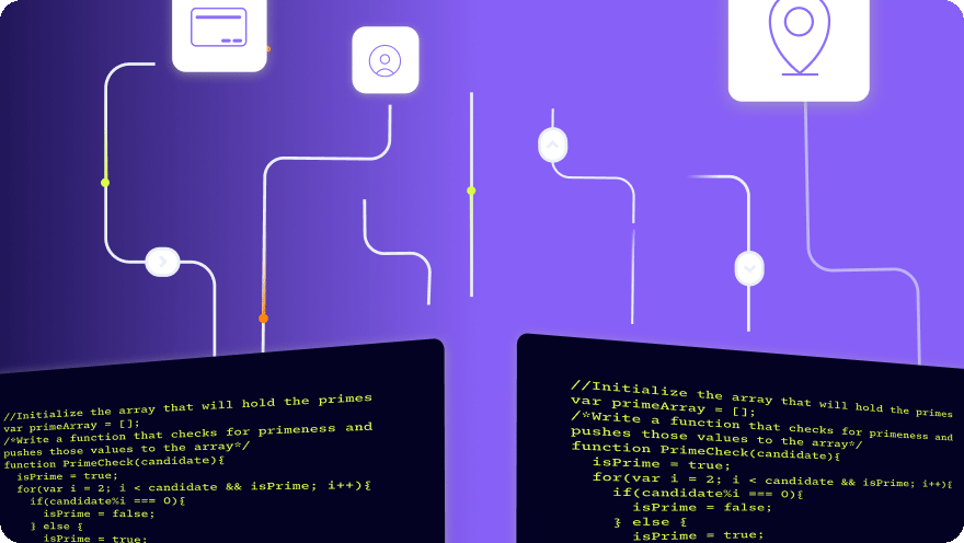 Illustration of two remote code editors connected by network lines on a purple background