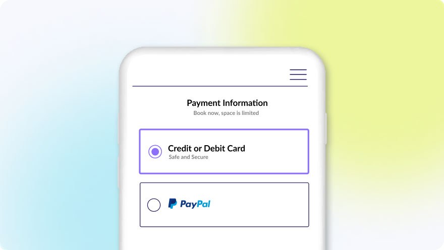 Mobile payment information screen with credit card and PayPal options on a pastel gradient background