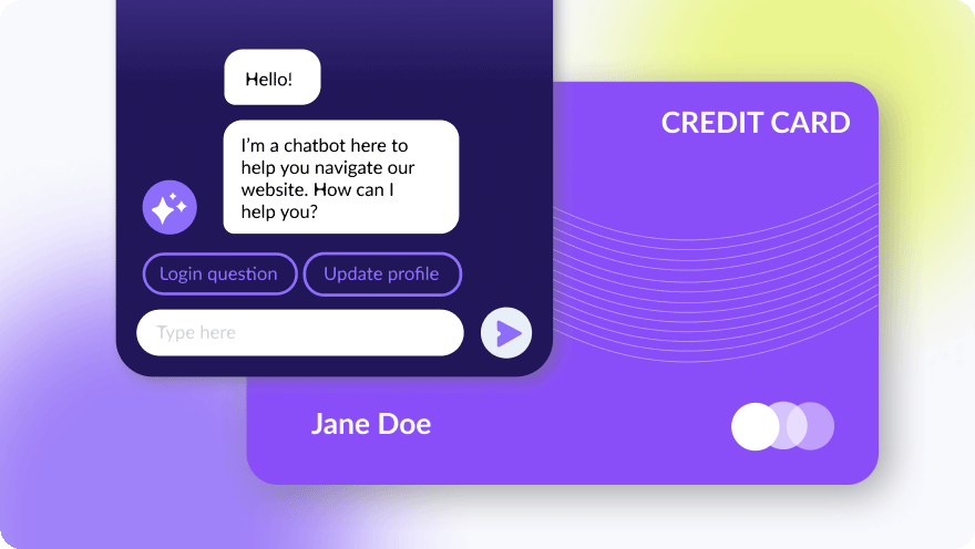 AI chatbot interface and purple credit card mockup side by side on a gradient background