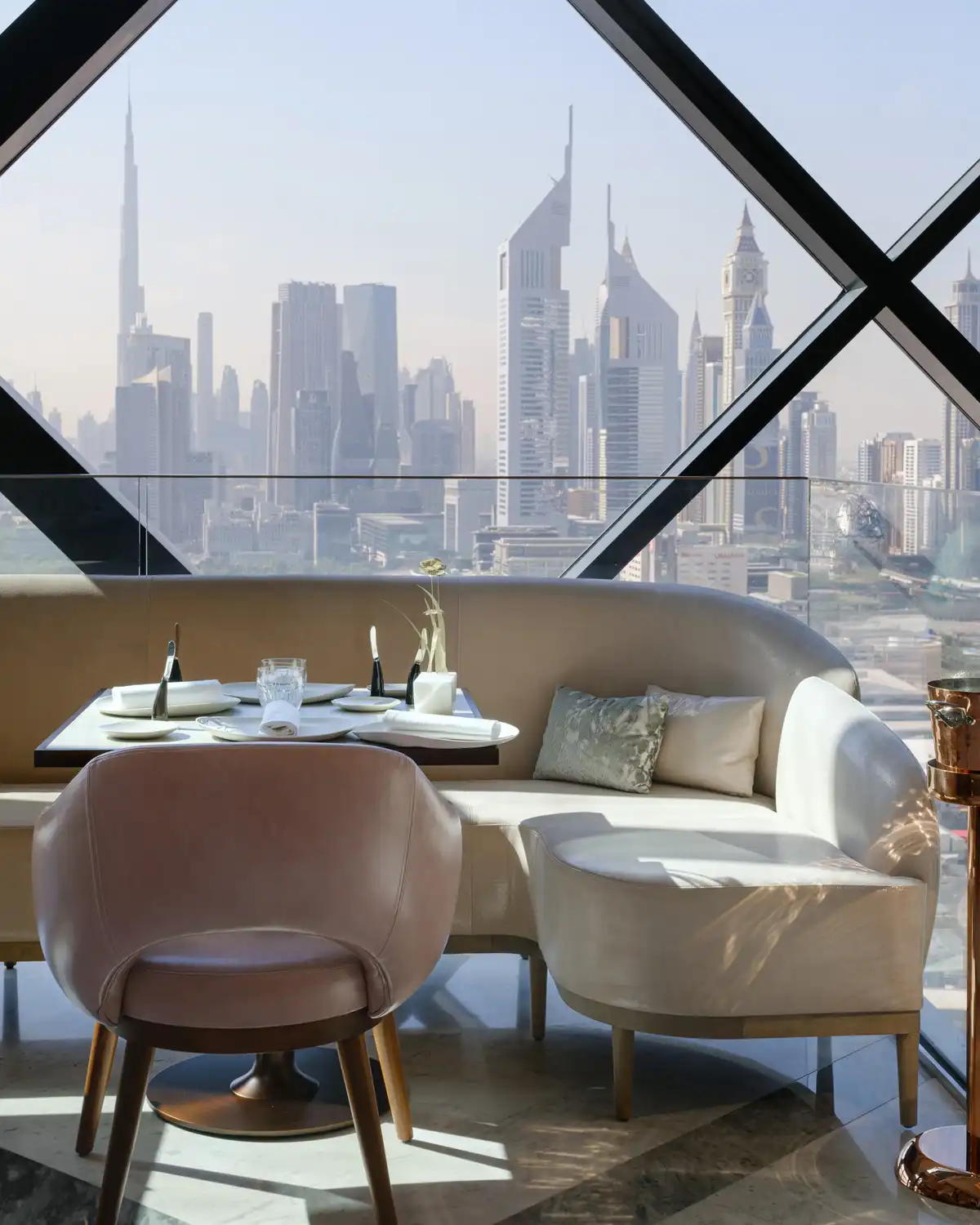 Dior Café Hall with panoramic view of the Dubai skyline