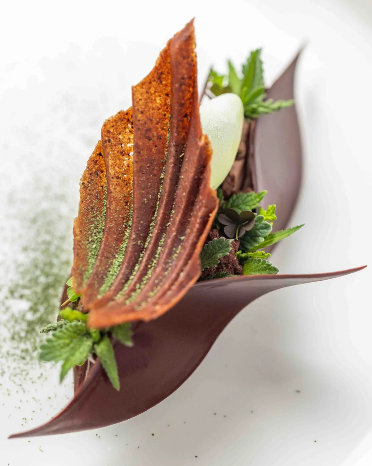 Création culinaire complexe aux textures croustillantes et herbes fraîches au restaurant Pic au Beau-Rivage Palace.