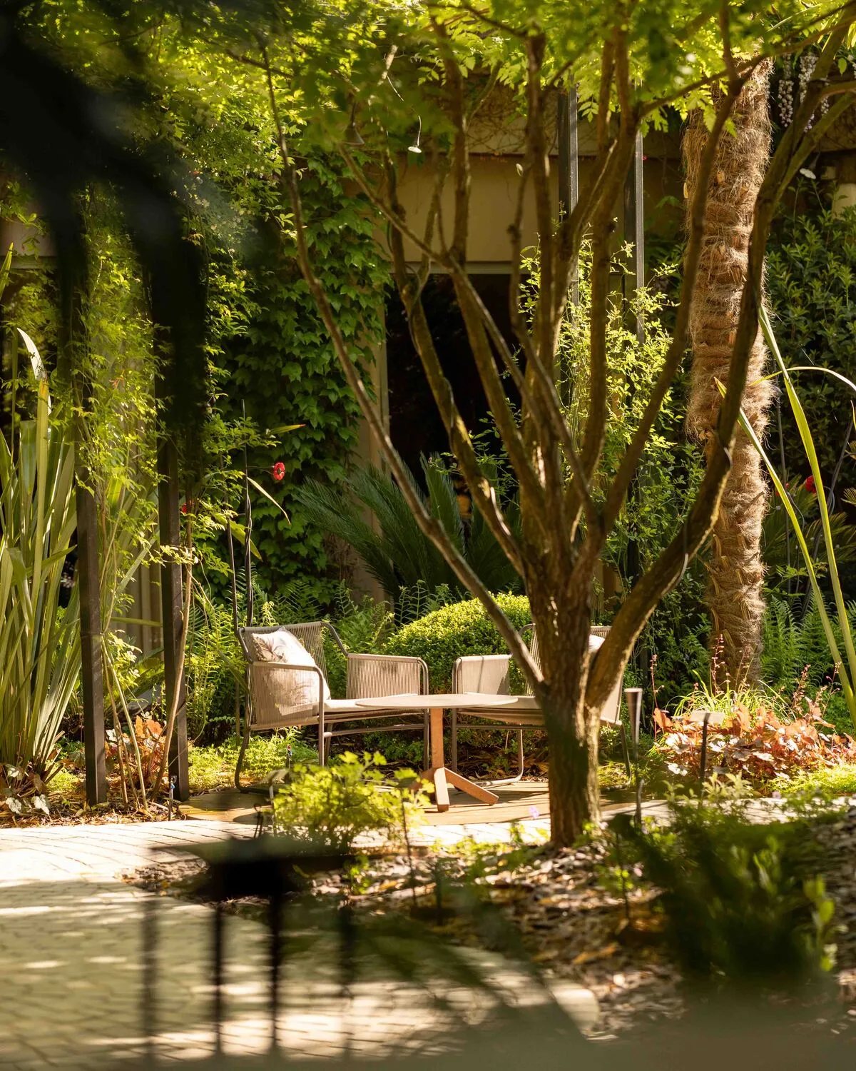 Le jardin luxuriant et ombragé de l'Hôtel Pic, une oasis de sérénité au cœur de Valence.