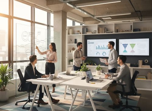 Four colleagues in business attire collaborating in a modern office with laptops and charts on screens and glass board.
