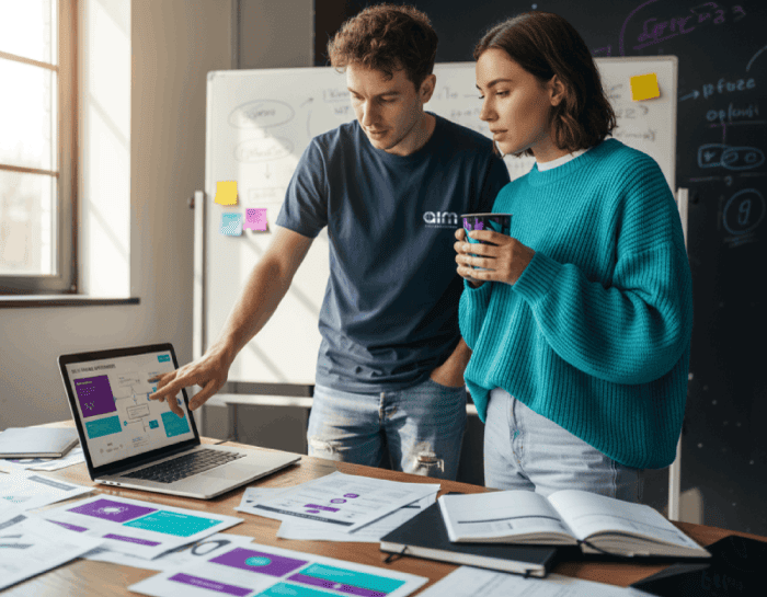 Two young professionals discussing a project with diagrams and charts on a laptop screen and papers spread on a table.