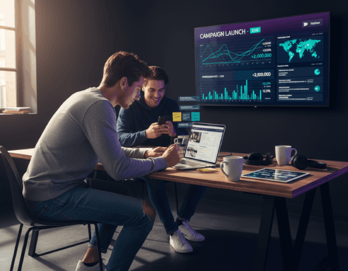 Two men collaborating in a modern office with a laptop, smartphone, tablet, and large screen showing live campaign launch data and analytics.