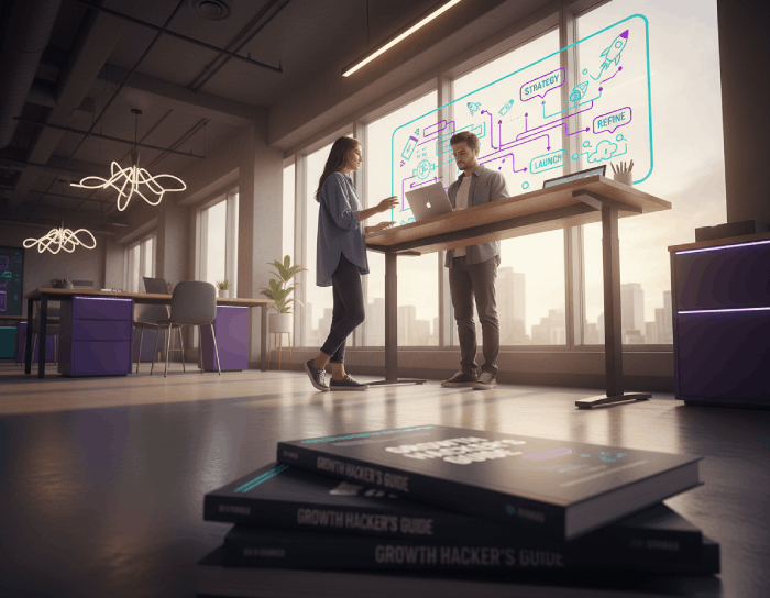 Two people discussing strategy at a standing desk with a laptop and a digital flowchart projected on the window in a modern office.