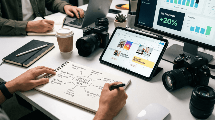 Person writing a content strategy plan in a notebook on a desk with cameras, tablet displaying social media content, coffee cup, and a monitor showing Q4 growth +20%.