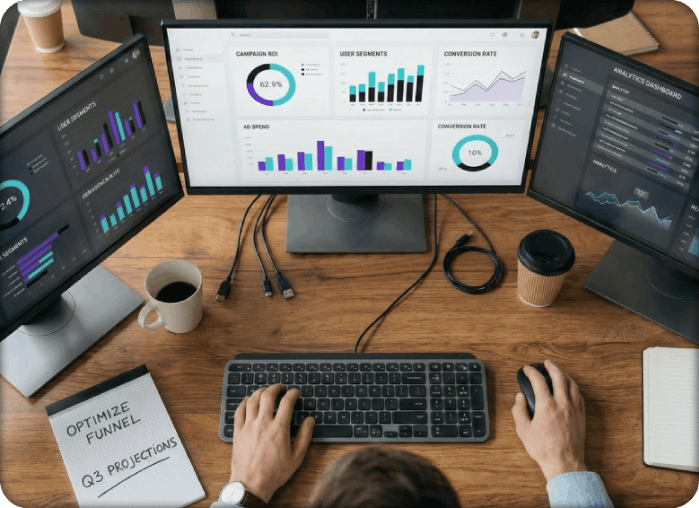 Person working at a desk with three monitors displaying analytics dashboards and charts, a keyboard, mouse, coffee cups, and a notebook labeled 'OPTIMIZE FUNNEL Q3 PROJECTIONS'.