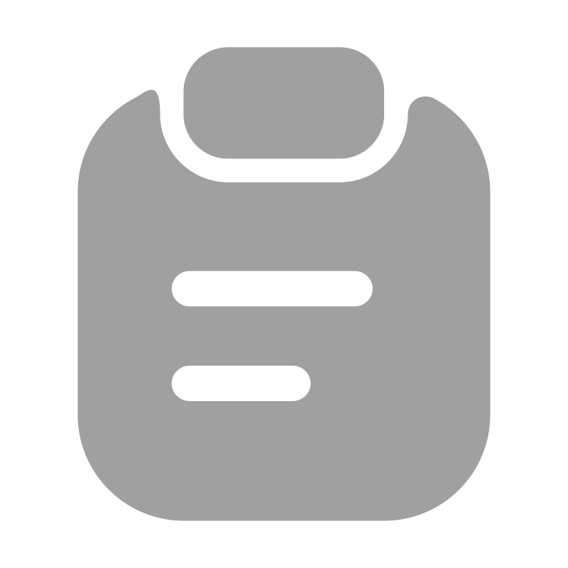 Gray clipboard icon with two horizontal lines representing text.