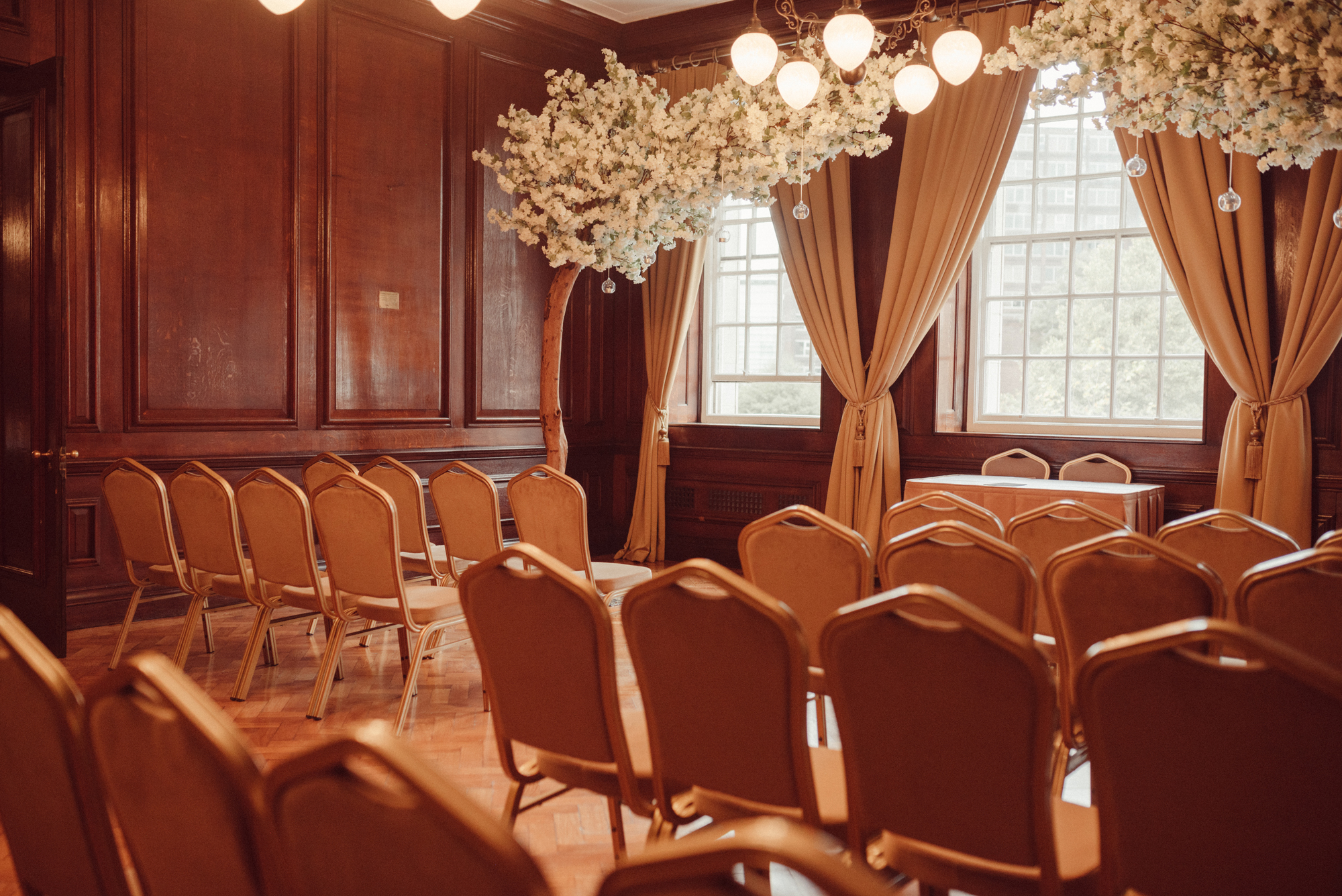 Historic Masonic Lodge room at Manchester Hall with period wood panelling
