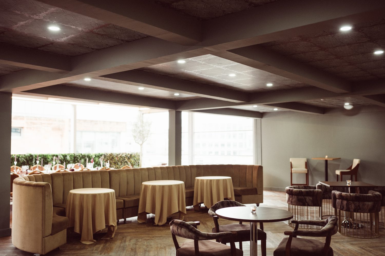 Garden Court rooftop terrace at Manchester Hall with botanical design and city views