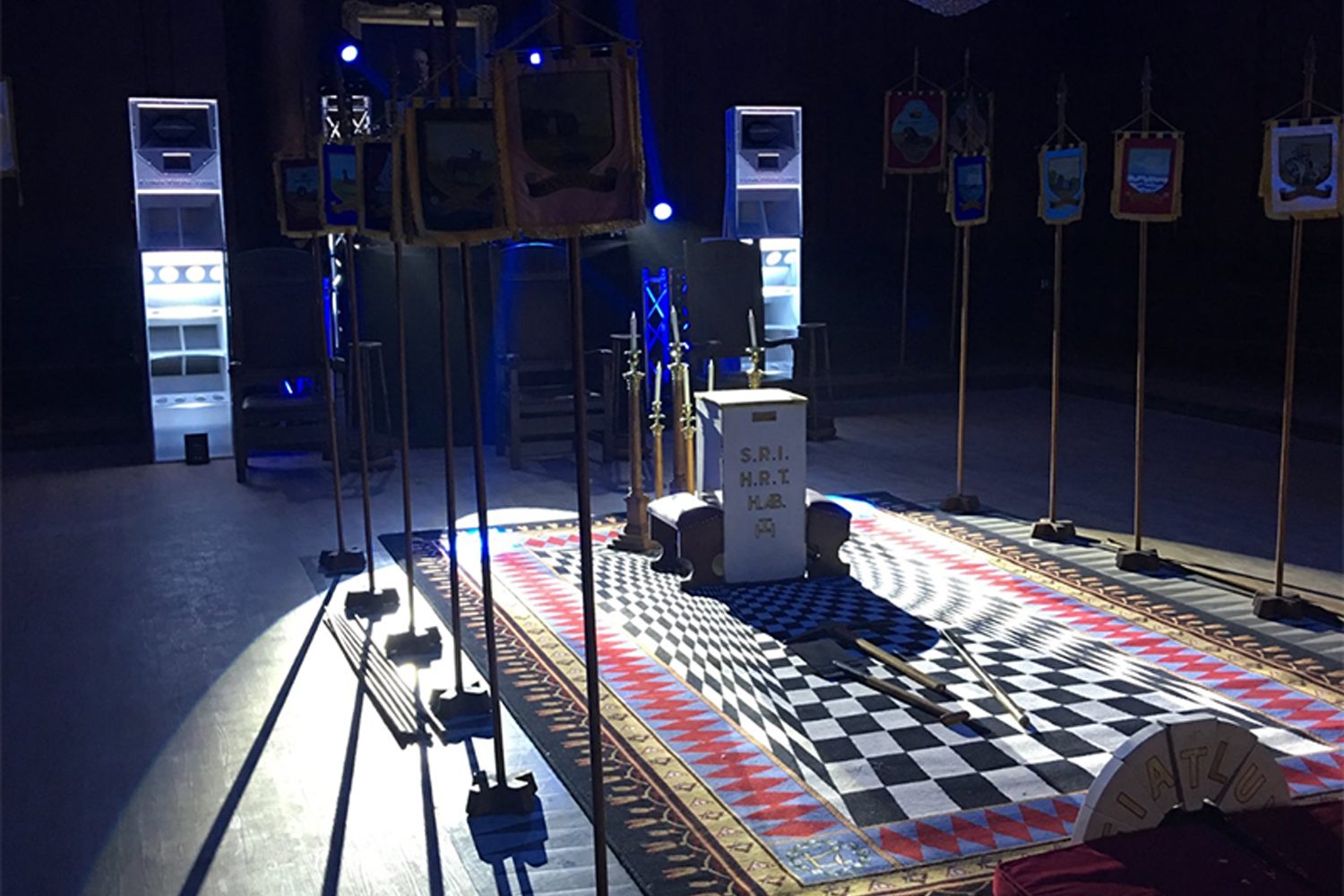 Authentic Masonic ceremonial room at Manchester Hall with built-in seating