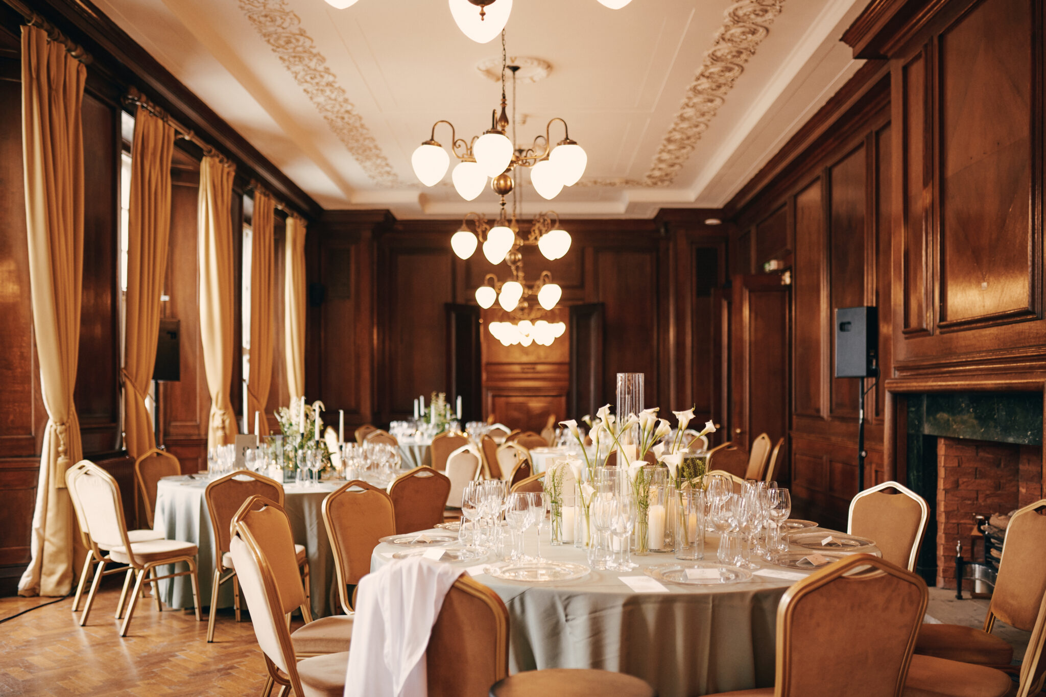 Elegant Gallery space at Manchester Hall showing balcony and oak-panelled walls