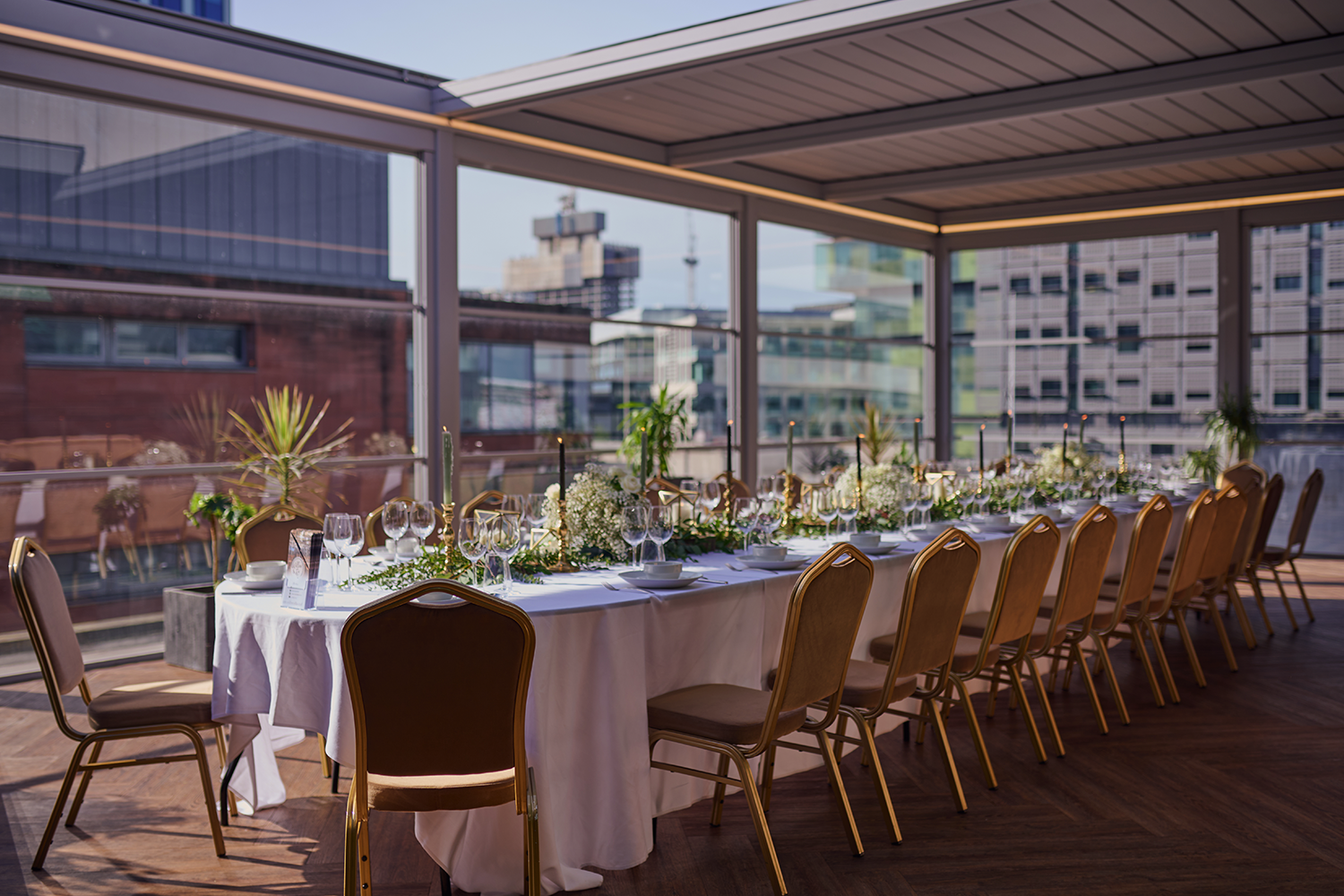 Modern event space at Manchester Hall with contemporary botanical styling