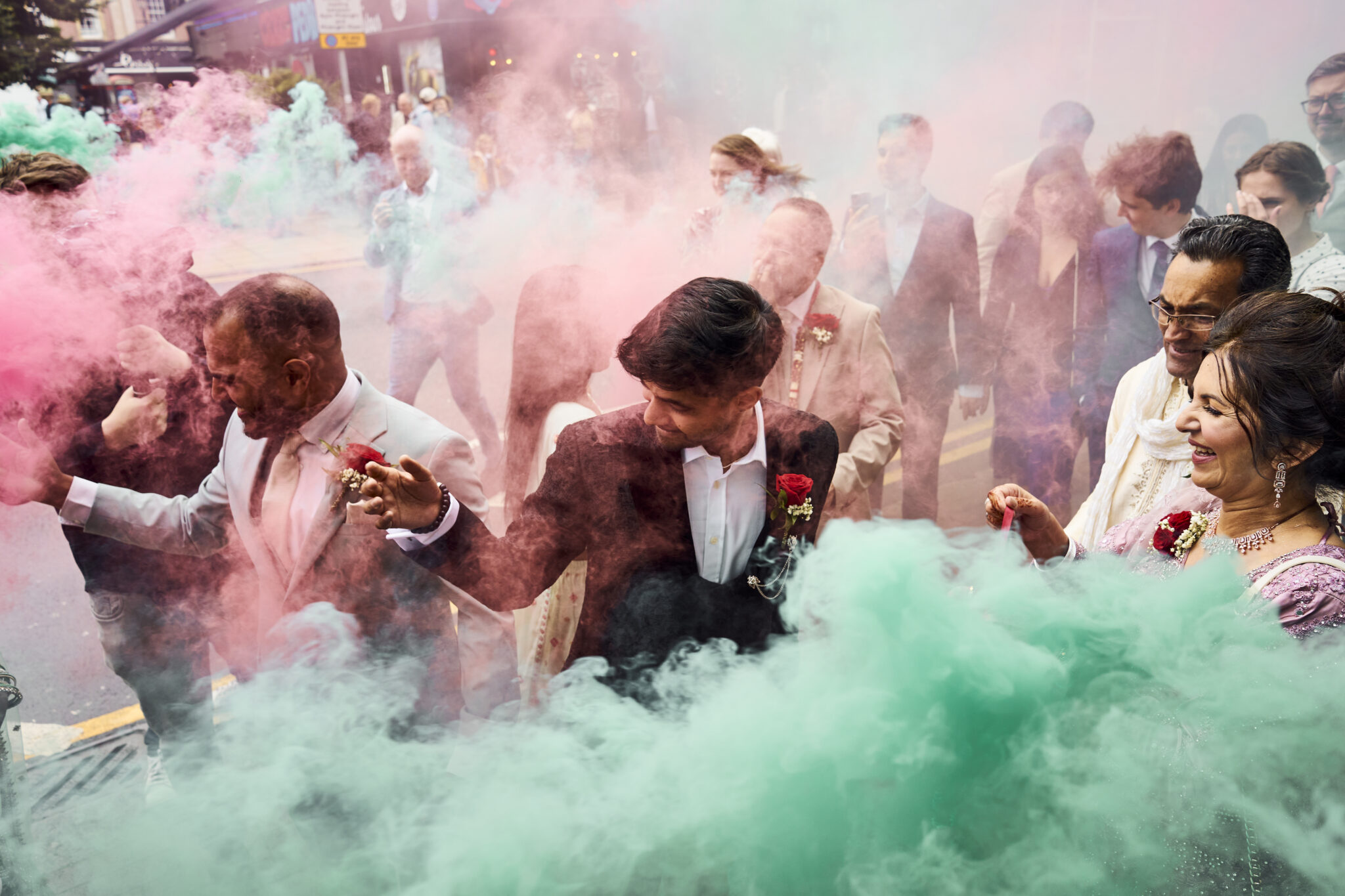 Asian wedding guests in ornate function room at Manchester Hall
