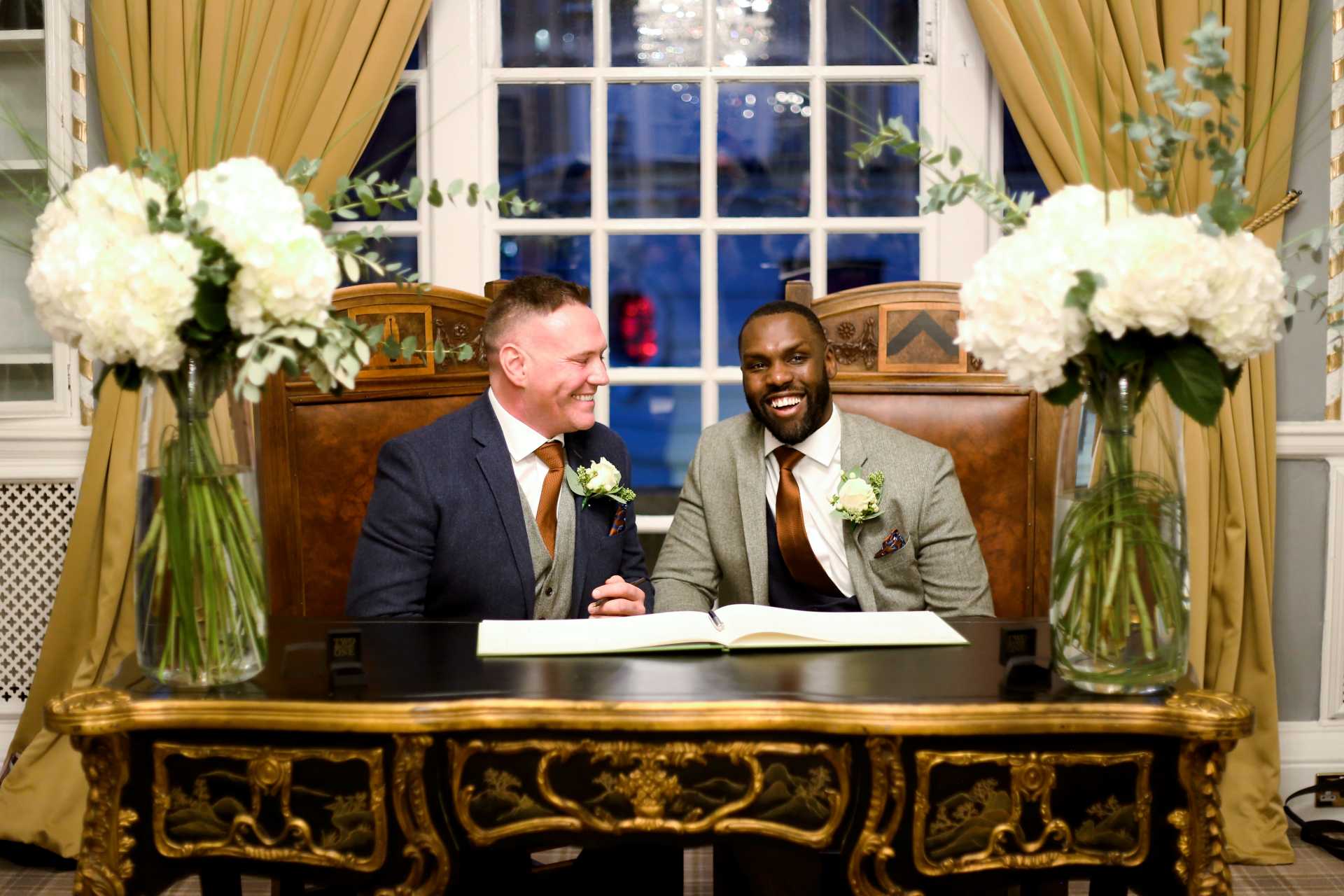 Bride and groom in elegant function room at Manchester Hall