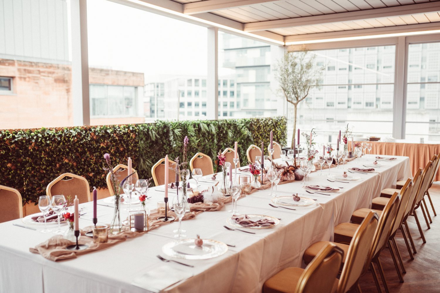 Modern event space at Manchester Hall with contemporary botanical styling