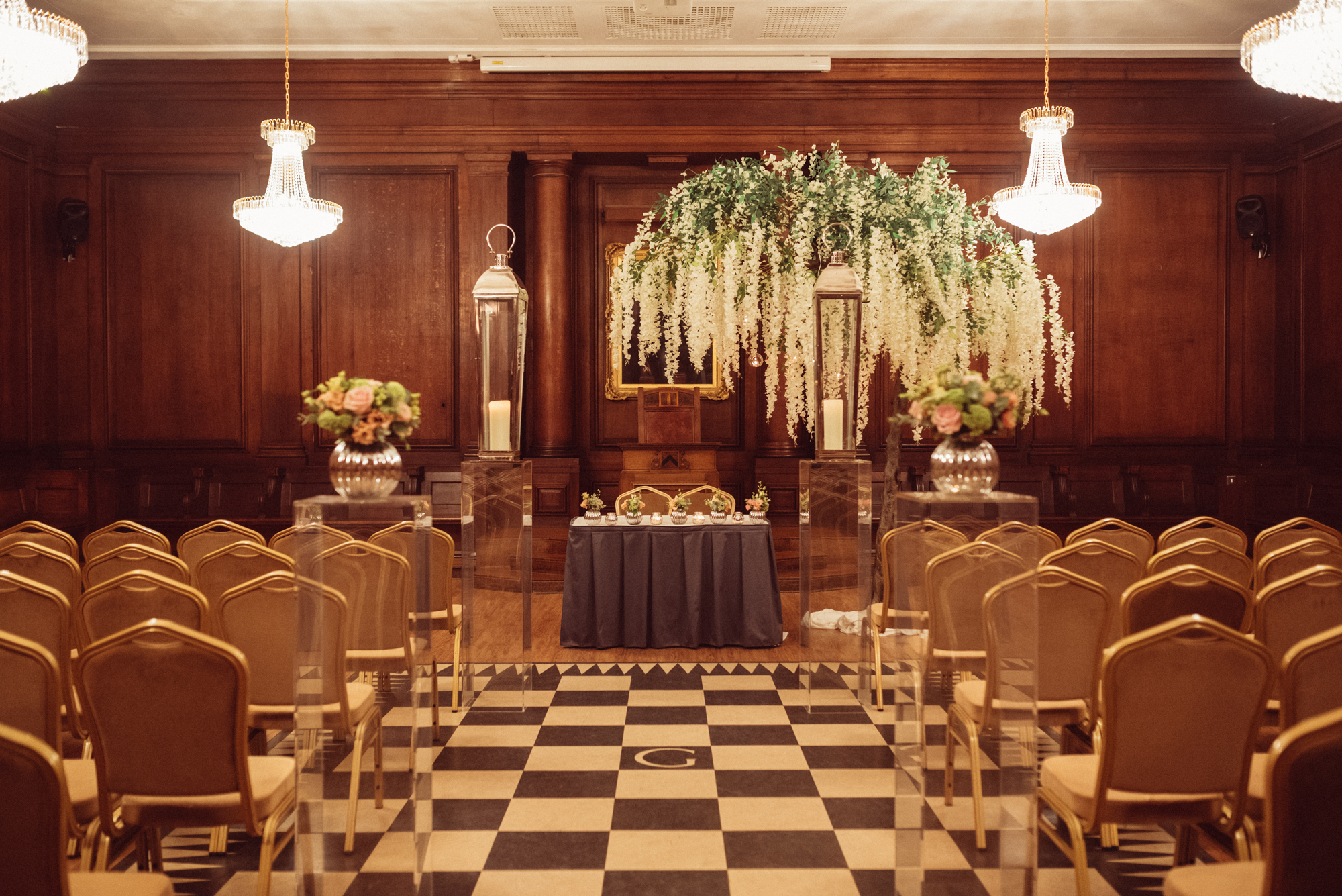 Authentic Masonic ceremonial room at Manchester Hall with built-in seating
