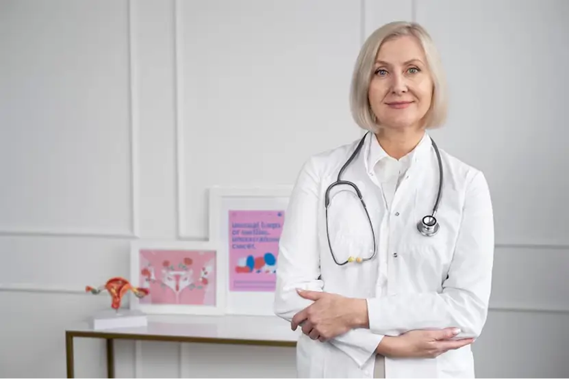 Female doctor with a stethoscope around her neck standing with arms crossed in a medical office with uterine health models and posters in the background.