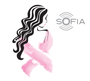 Silhouette of a woman with long hair over a pink breast cancer awareness ribbon, next to the word SOFIA with a circular signal icon.