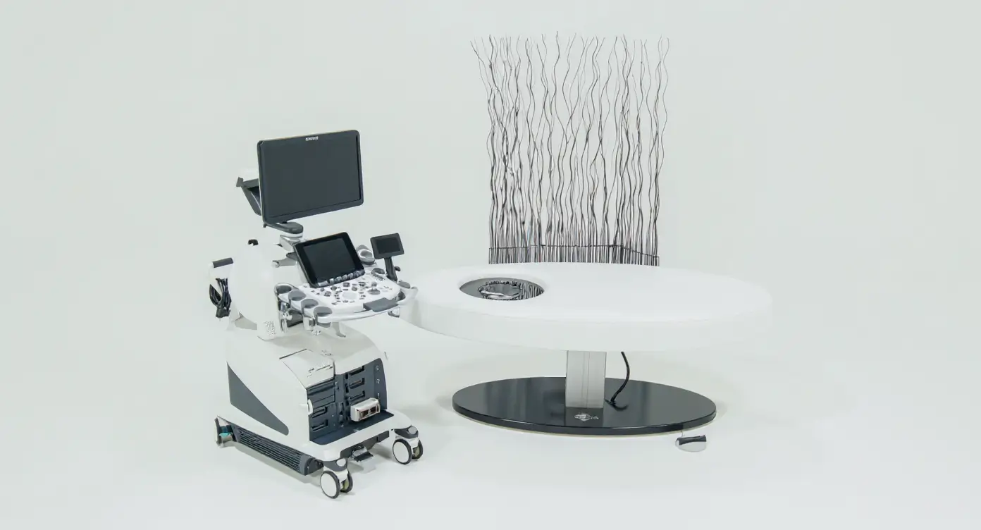 Modern medical diagnostic machine with a monitor and control panel connected to a circular examination table.
