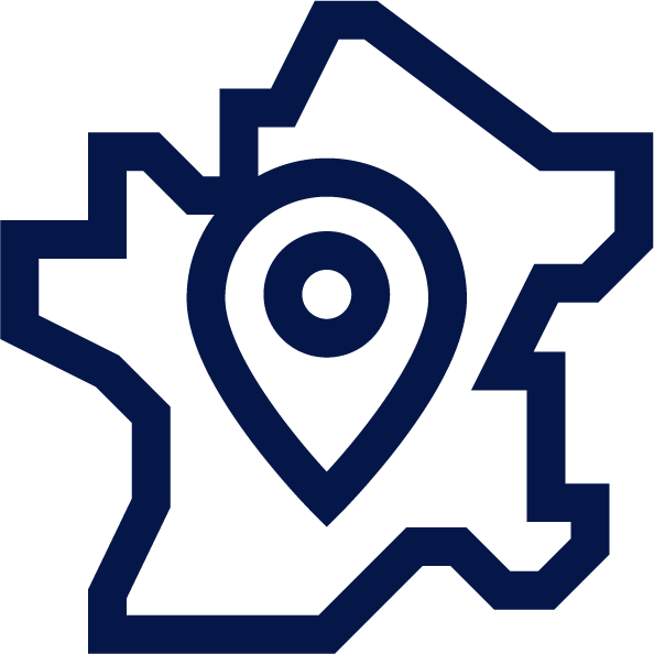 Ícone do mapa da França com marcador de localização no centro.