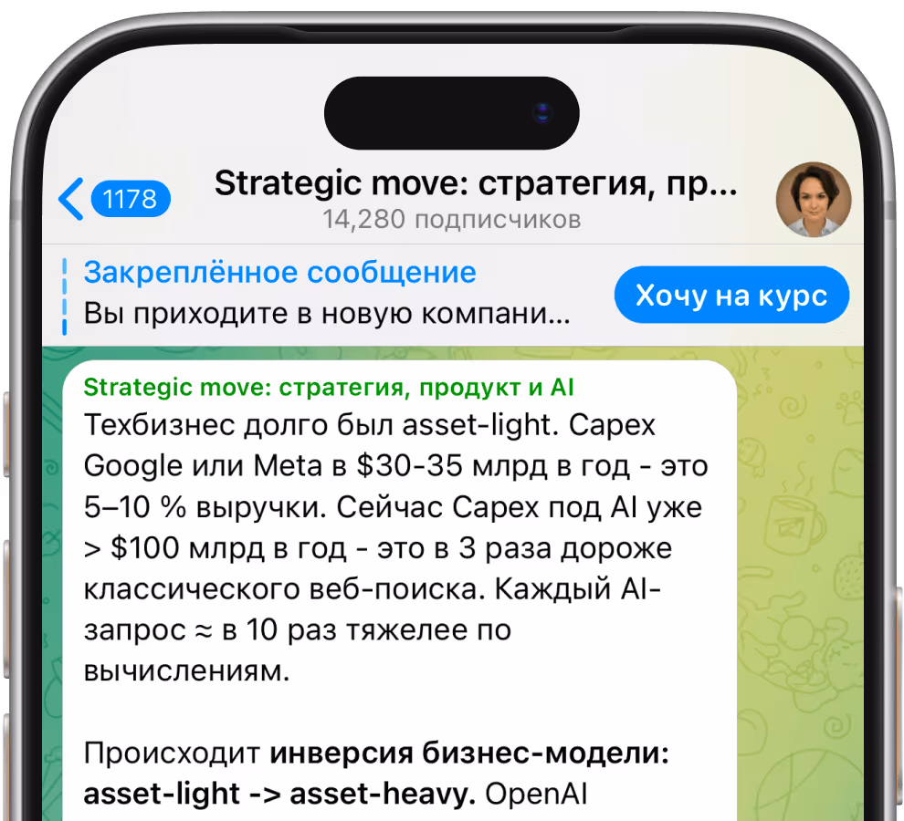 Интерфейс Telegram на смартфоне с каналом 'Strategic move: стратегия, продукт и AI' и закрепленным сообщением о стратегиях бизнеса и затратах Google и Meta на AI.