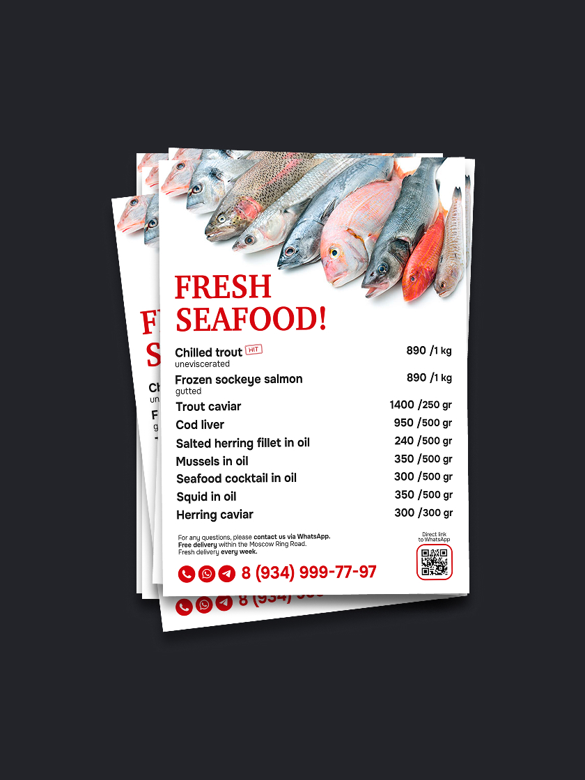 A5 flyer design for fresh seafood delivery in Moscow