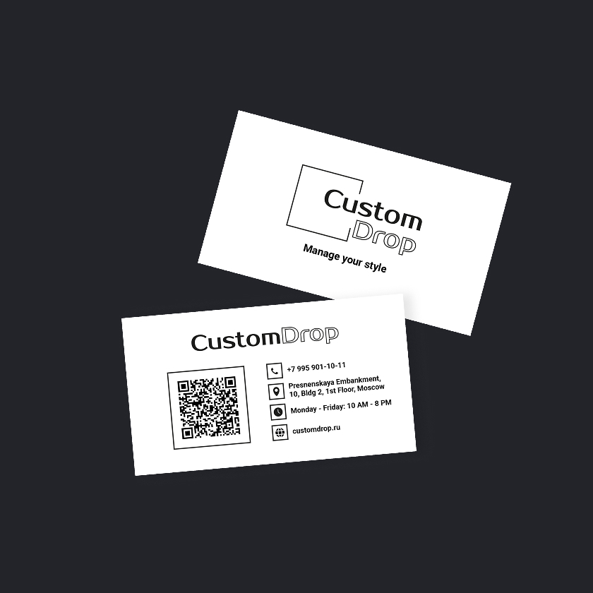 Business card design for the Custom Drop brand in a minimalist style