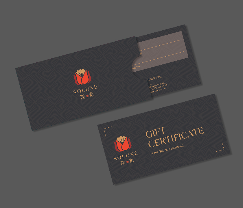 Designing a double-sided gift certificate with an envelope for a Chinese restaurant in Moscow Soluxe