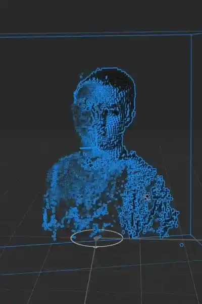 A 3D pixelated portrait AR element orbiting around its axis