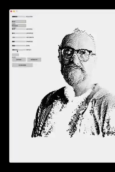 A preview of the software build in Processing which renders stone-like shapes out of dark pixels from a reference portrait image while playing around with different parameters