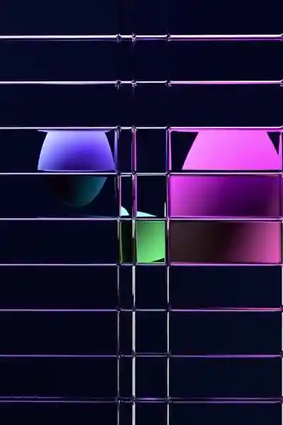 A 3D animation of blue, green and pink, balloons moves behind a moving glass