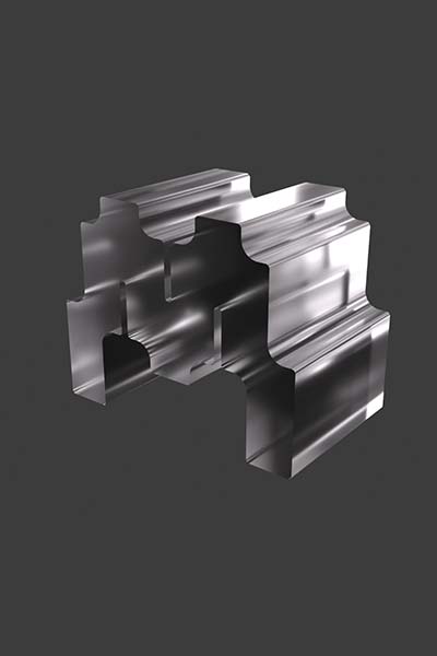 A 3D extruded custom drawn letter M in a technical glass material with a grey background