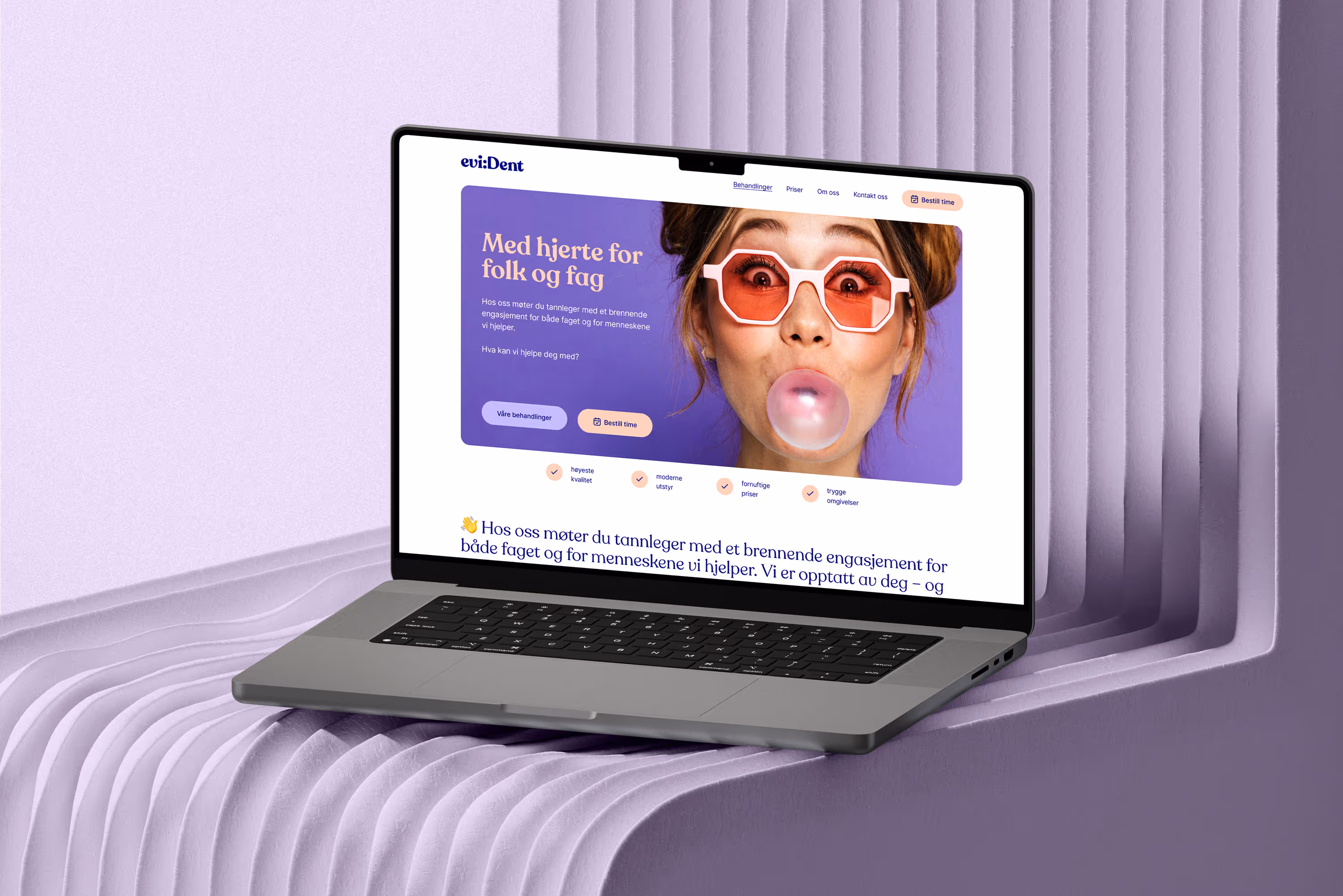 Laptop displaying a dental care website with a hero section showing woman blowing a bubblegum bubble wearing pink glasses on a purple background.