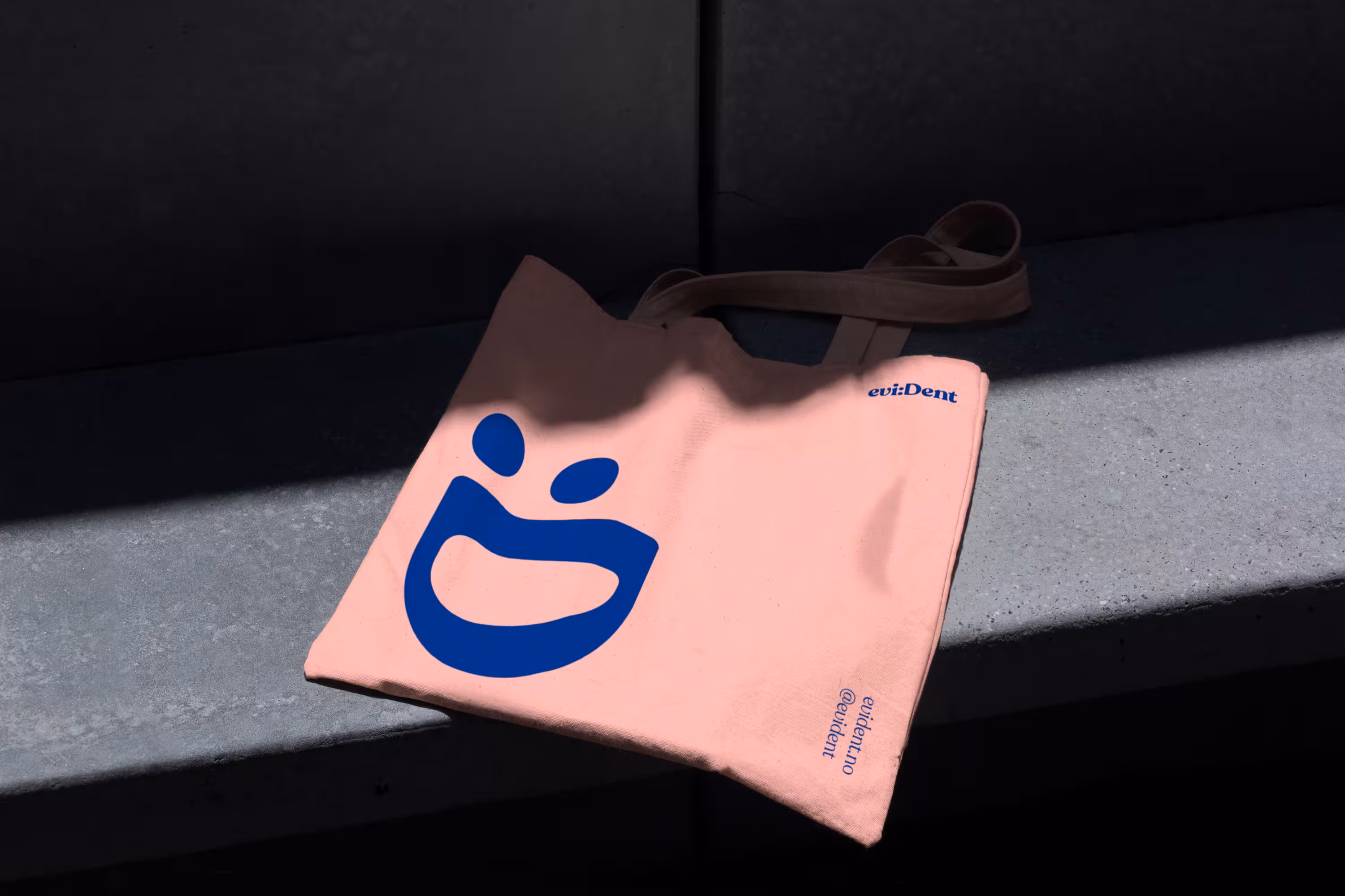 Pink tote bag with dark blue graphic and text, resting on a stone bench partially illuminated by sunlight.